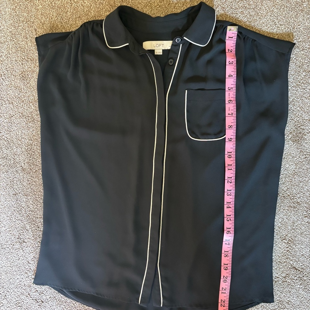 LOFT Black Button Down Blouse with Cap Sleeves and White Piping, SP - Picture 5 of 5